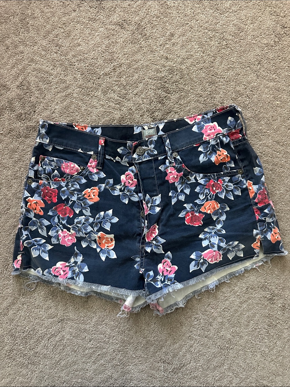 Citizens Of Humanity Navy Floral Cutoff Shorts with Pink & Orange Roses